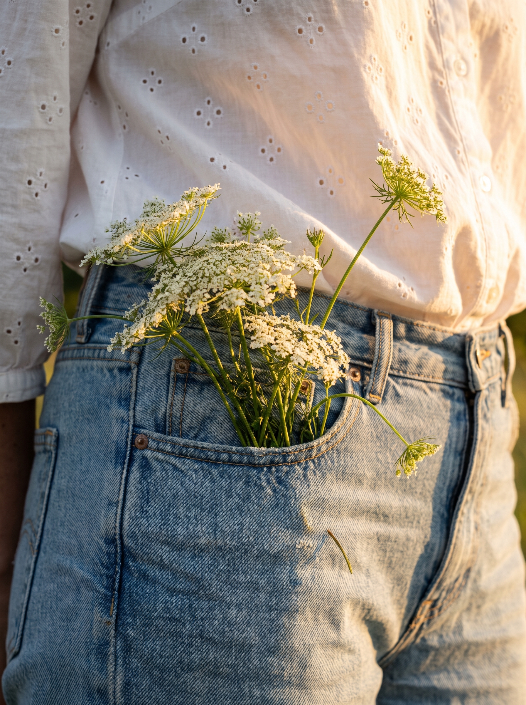 A flower tucked into a pocket